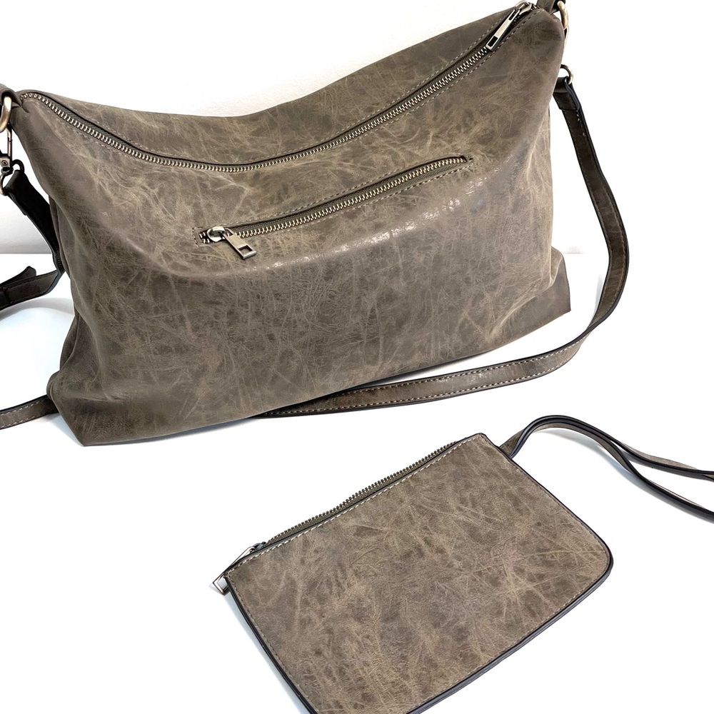Joy Susan 2-piece Vegan Gray Brown Crossbody Hobo Bag and Wristlet Set LIKE NEW